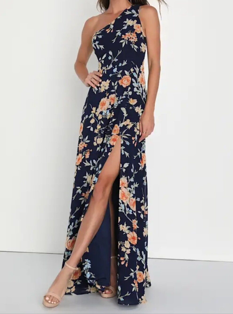 Lulus Elegant Admiration Navy Blue Floral One-Shoulder Maxi Dress - Medium - NWT